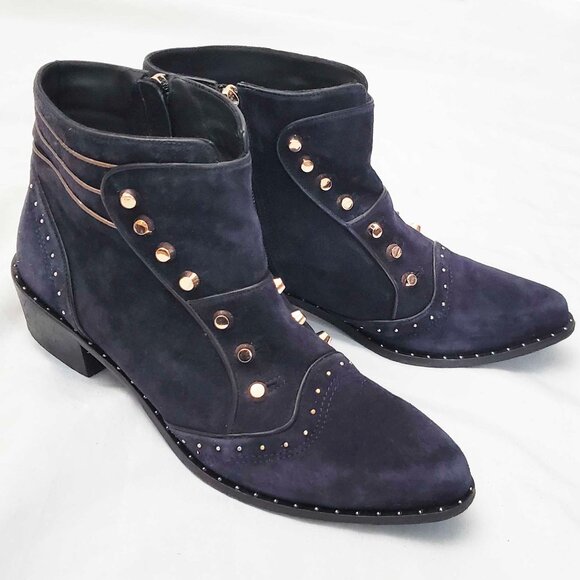 Ivy Kirzhner Womens Soldier Stud Suede Leather Ankle Boots Booties in Navy 9/9.5 - Picture 1 of 11